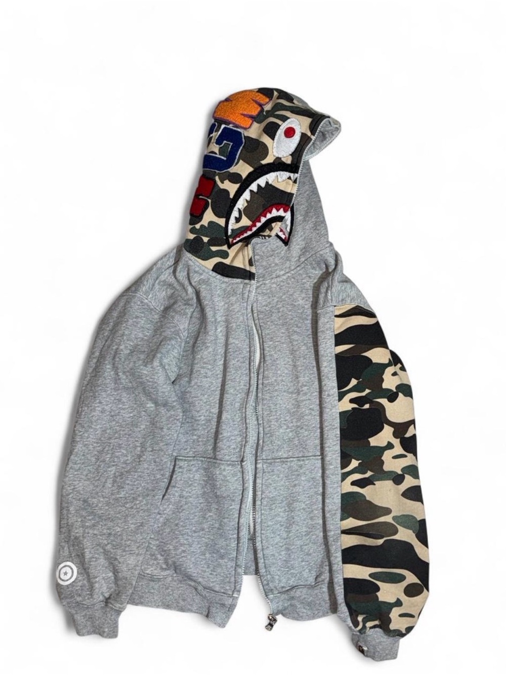 Kids Grey Hoodie with Camo Shark Hood and Sleeve